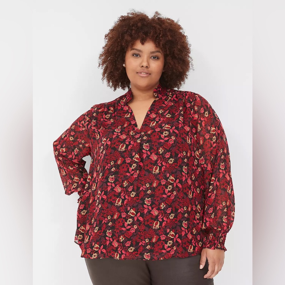 Lane Bryant Long Sleeve‎ Popover Top Red Floral Print & Smocked Shoulders new